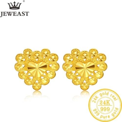 JLZB 24K Pure Gold Earring Real AU 999 Solid Gold Earrings Nice Good Love Heart Upscale Trendy Fine Jewelry Hot Sell New 2020