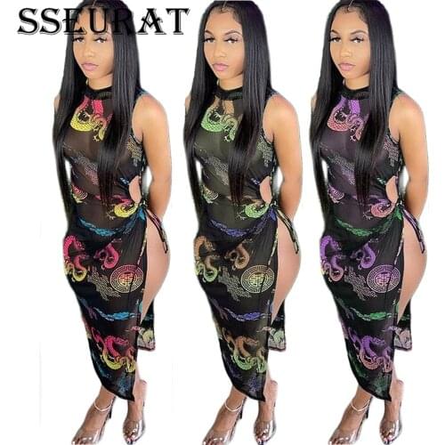 SSEURAT Women Dress Print Sleeveless Mesh See Through Side Split Draw String Dress Sexy Club Party Dresses