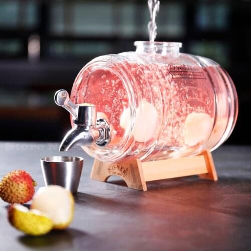 Glass Wine Storage Tank Domestic Sealed Wine Jar with Tap Retro Wines Bottle Wooden Base 1L Capacity Wines Storage Barrel