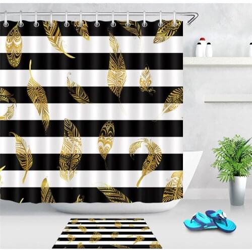 LB Black and White Striped Shower Curtain,Gold Leaf Pattern Stripe Shower Curtains for Bathroom Waterproof Polyester Fabric