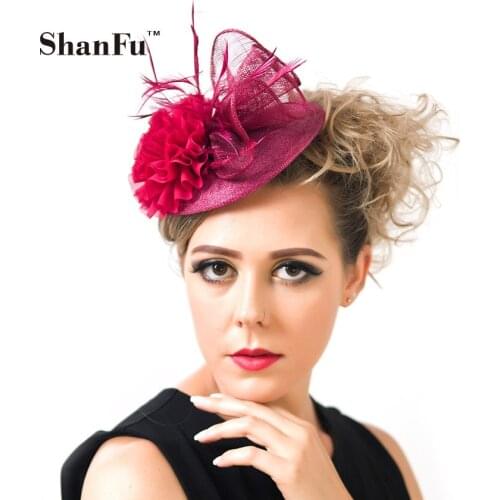Ladies Mini Top Hat Feather Fascinators Folding Chiffon Flower Headpieces with Net Veil Design SFCS02062 6pcs/lot