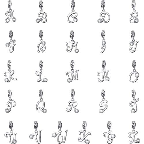 WOSTU Alphabet Letter Dangle Charms 925 Sterling Silver CZ Bead Fit Original DIY Bracelet Pendant Women Jewelry Making FIC1183