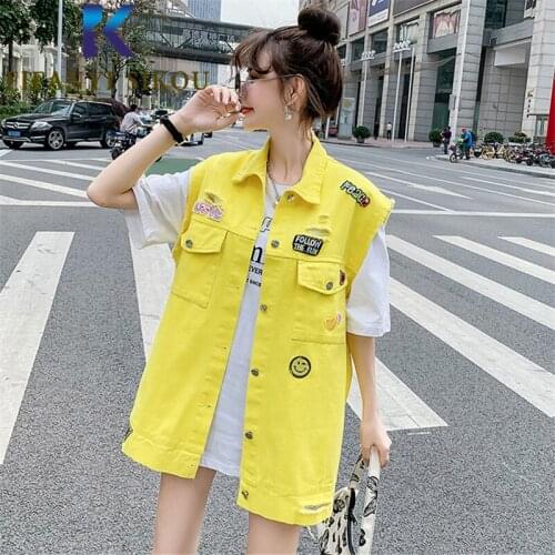Cartoon Embroidery Denim Vest Women Sleeveless Jacket Pocket Lapel Fashion Jeans Vests Coat Female Loose Casual Denim Jackets