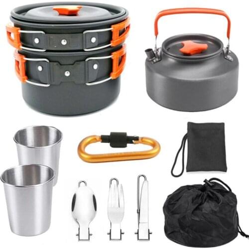 1 Set Outdoor Pots Pans Camping Cookware Picnic Cooking Set Non-stick Tableware With Foldable Spoon Fork Knife Kettle Cup