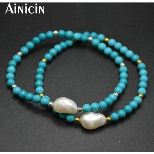 10pcs New Arrival 4mm Natural Blue Green Stone Round Beads With Freshwater Pearls Stretch Bracelets