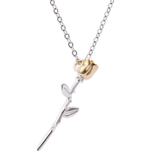 100% Authentic 925 Sterling silver Golden Rose Flower LEAF Necklace pendant Fine jEWELRY X19