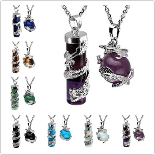 100-Unique 1 Pair Silver Plated Chinese Dragon Wrao Pillar Many Color Quartz Stone Pendant Round Bead Jewelry