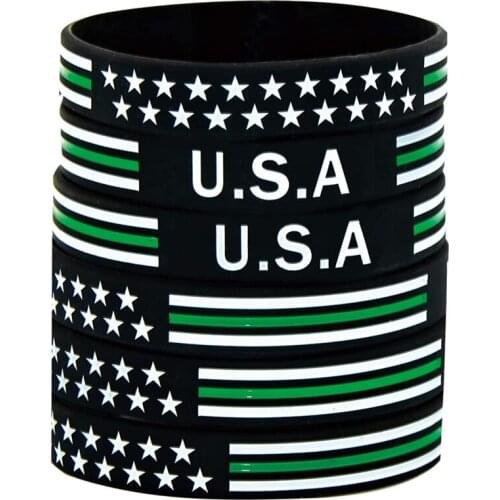 300pcs Motivational American USA Flag Green Line Silicone Bracelets Rubber Wristbands Free Shipping by DHL