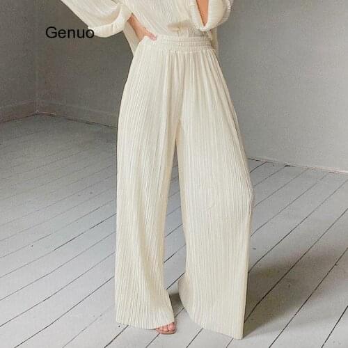 Beige Pleated Wide Leg Pants Womens Pants Fashion Casual Loose Trousers Office Lady Elegant Long Palazzo Pants