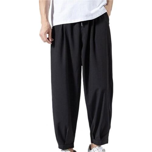 Summer Men Solid Color Casual Pants Ankle-length Smooth Wide Leg Ankle Tied Oversize Long Pants Sweatpants Stylish Trousers