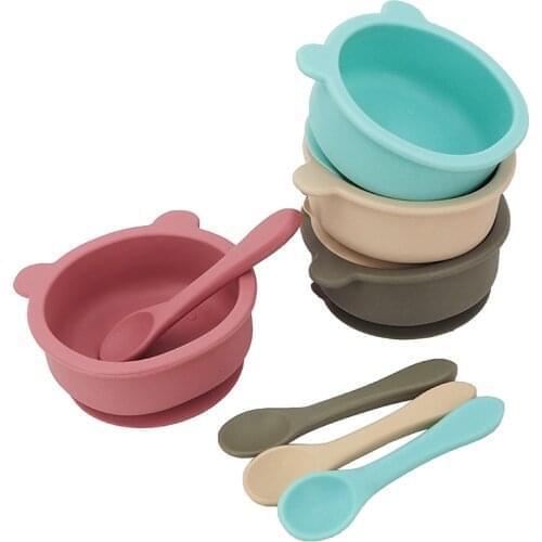 Chenkai 5Set 9 Color Baby Feeding Bear Bowl Food Grade Silicone Anti-flip Suction Tableware Baby Infant Waterproof Bowl Spoon