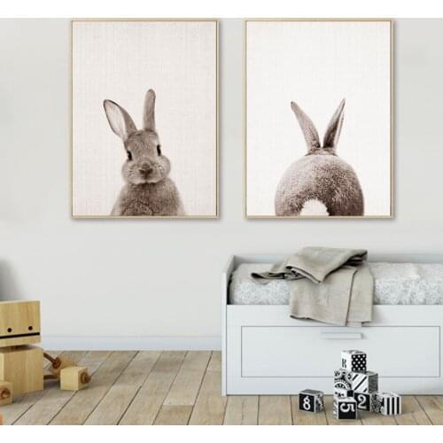 Baby Nursery Animal Canvas Painting Lovely Grey Bunny Rabbit Wall Art Posters and Prints Nordic Minimalist Kids Room Decoration