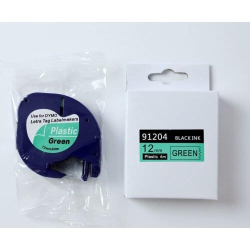 DYMO 91204 Letratag plastic label tape 12mm x 4m 1/2" W X 13' L black on green dymo LT 91204 for dymo letratag printer