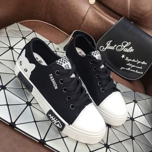 Women Flat Cartoon Canvas Shoes 2020 New Summer White Lace Up Student Board Shoes Ladies Casual Shoes Female Sneakers