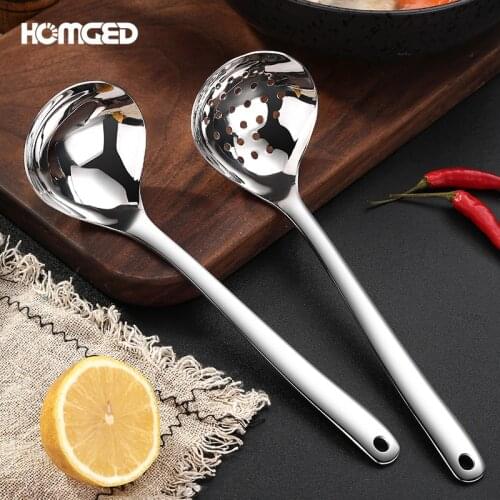 304 Stainless Steel Soup Spoon Colander Round Large Hot Pot Spoon Long Handle Kitchen Cutlery