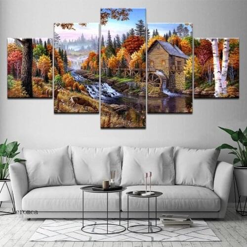 Small Village In The Forest Landscape 5 Piece Wall Art Canvas Print Modern Poster Modular Art Painting Living Room Home Decor