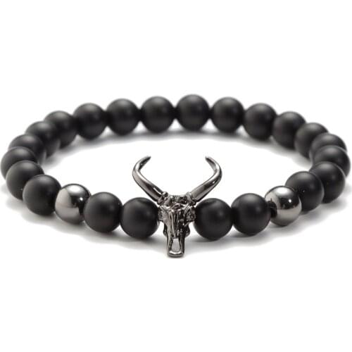 ASHMITA Bull Head Skull Men Bracelet 8Mm Lava Stone Beads Charm Bracelets Matte Onyx 8MM Beaded Bangles Strand Jewelry