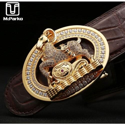 McParko Luxury Genuine Crocodile Belt Men Alligator Leather Belt For Men Noble Stainless Steel Buckle Goat Design waist Belt New