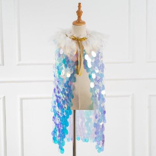Qunq Sequined Girls Cape Children Princess Cloak Performance Mermaid Fairy Outerwear 2020 New Toddler Kids Party Clothing
