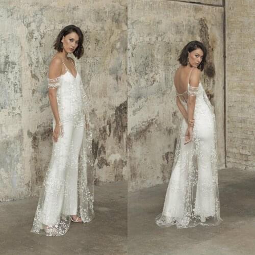 New Wedding Jumpsuit With Jacket Beach Wedding Dresses Spaghetti Ankle Length Lace Bridal Outfit Wedding Gowns 2021