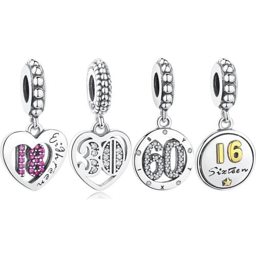 Original 925 Sterling Silver Bead 18 30 40 60 Years of Love Heart Pendant Charms Fit Pandora Bracelets Necklaces Jewelry Making