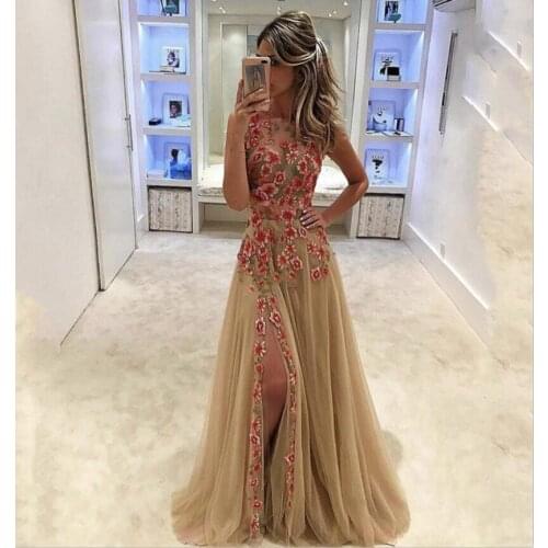 Hat Sale Champagne Scoop Neck Evening Gowns Colorful Flowers Sleeveless Thigh Side Slit Floor Length Prom Dresses
