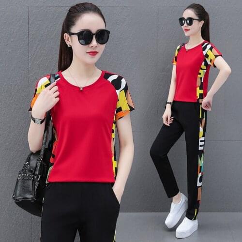 Sports Suit Summer New Plus Size Short Sleeved Round Neck T Shirt Trousers Loose Fashion Letter Printing 2 Piece Set Womens Age