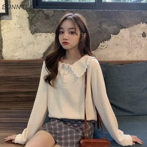 Sweater Women Pullovers Spring Sweet Kawaii Clothes Knitted Ins Button Patchwork BF Ulzzang Cute Design Long Sleeve Chic Tender