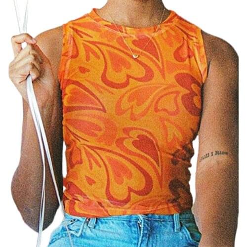 Crop Top Heart Print Slim Women Sleeveless Round Neck T-shirt for Dating Sleeveless Round Neck T-shirt