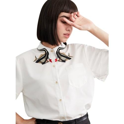 【Biutefou】Original Design 2021 Summer Women Fish Embroidered Collar Short Sleeve Shirt