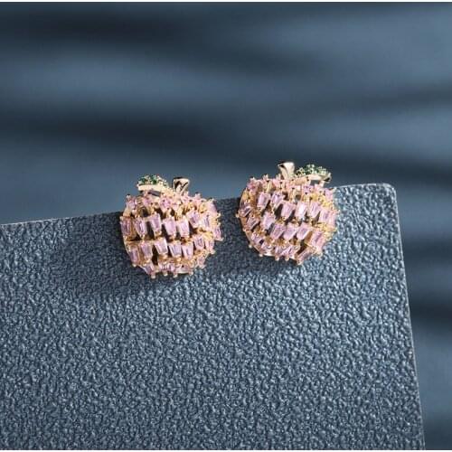 2021 Trendy Lovely Pink Cubic Zircon Apple Ear Studs for Women Summer Jewelry Temperament Fruit Pineapple Earring Accessories