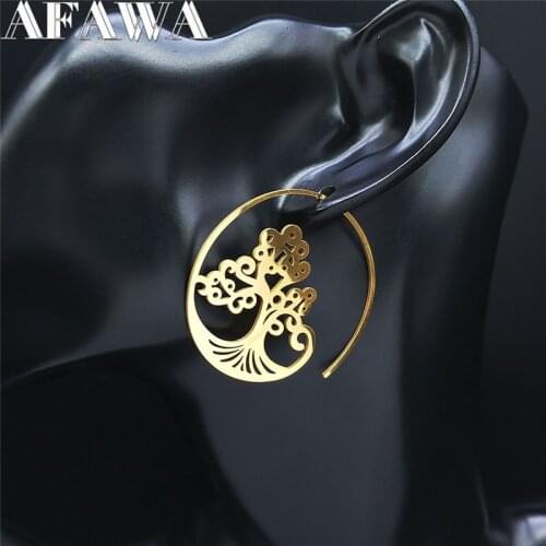 2021 Stainless Steel Hoop Earings Women Silver Color Tree of Life Round Earings Women Round Boho Jewelry pendiente aro E9200S01