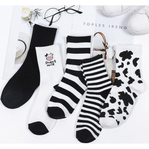 3 Pairs Socks Set Womens Socks Cow Print Ins Fashion Black And White Lovely Versatile Socks Stripes