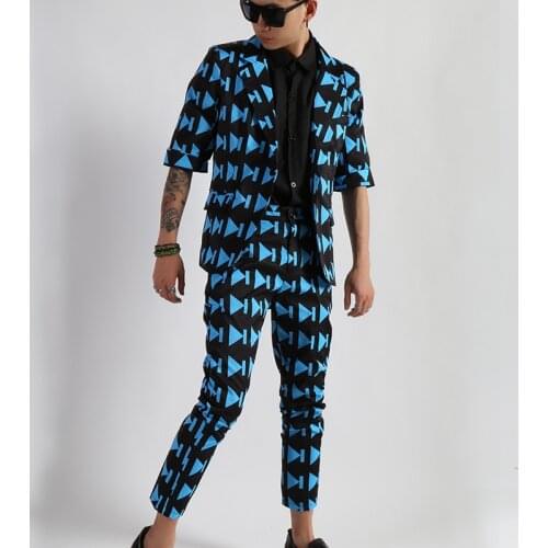 Free Shipping New Men Personalized Print Suit Coat Tide Half Sleeve Suits Male Thin Plus Size Blazer Tide Stage Costume Dress