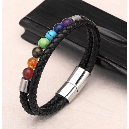 Genuine Leather Bracelet for Men Women Lava Rock Essential Oil Diffuser Bracelet Natural Stone Beaded Bracelet Steel Cuff Bangle