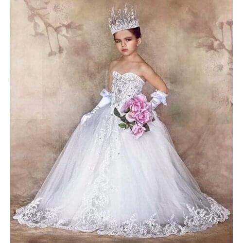 2020 Flower Girl Dresses for Wedding Princess Sweetheart Bows Train Beads Kids Communion Gown for Children fille vestido daminha