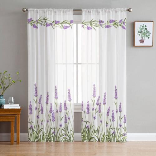 Purple Lavender Flowers Sheer Curtains for Living Room Bedroom Tulle Curtains Kitchen Window Treatments Panel Drapes