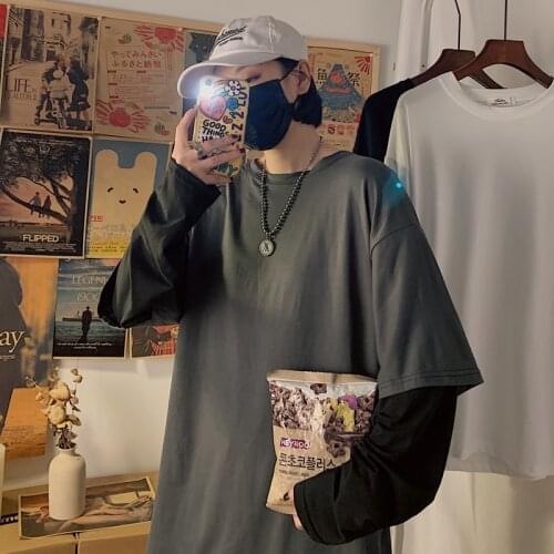 Autumn Men T Shirt Fake Two Pieces Long Sleeve O Neck Solid Casual Loose Harajuku Japan Style Hip Pop High Street Couple Clothes