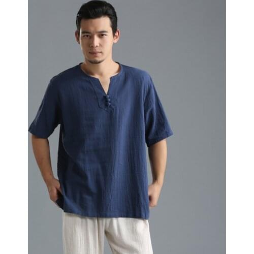 Summer Men Shirt Linen Cotton Man Clothing Solid Flax Mens Half Shirt Loose shirt Collarless Short Shirts Plus size M-5XL 6XL