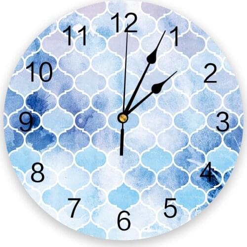 Moroccan Blue Geometric Print Wall Clock Wall Art Silent Non ticking Round Wall Watch for Home Decortaion Best Gift