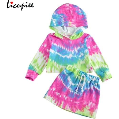 Baby Girl Fashion 2 Pcs Set Toddler Kids Baby Girl Dress Tie-dye Long Sleeve Strap Outfits, High Waist Two-pieces Set 0-3 Years