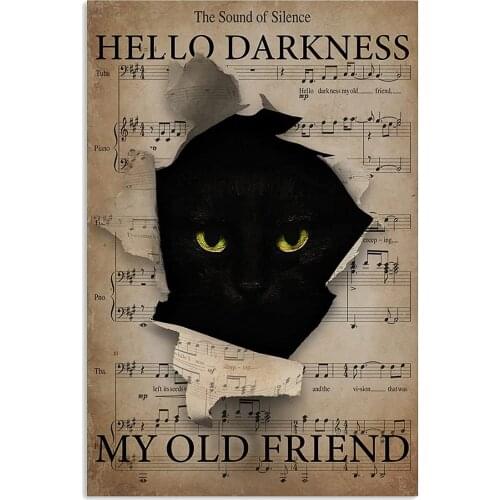 Cat Hello Darkness My Old Friend Yard Garden Farm Wall Decor Poster Metal Sign 8x12 inches