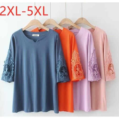 New 2021 Ladies Summer Plus Size Tops For Women Large Short Sleeve Loose Cotton Blue Orange Lace T-Shirt 2XL 3XL 4XL 5XL