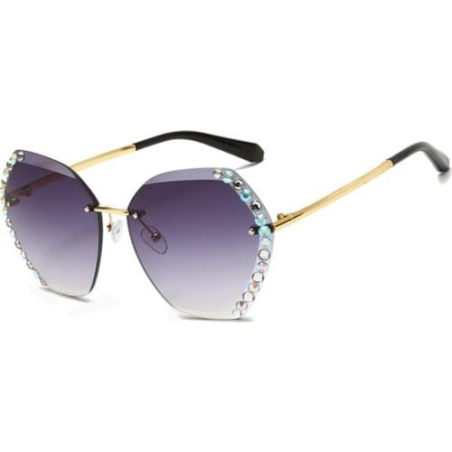 New Fashion Gradient Sunglasses Womens Diamond-Studded Ocean Water Cut Trimming Lens Rimless Sunglasses Anti-UV Glasses