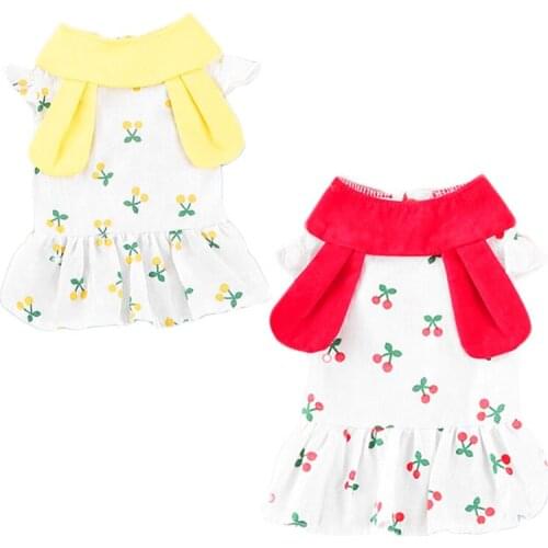 Cherry Pattern Dog Dress For Girls Print Clothing Red/Yellow Lapel Rabbit Ear Sleeveless Shirt Skirt Clothes For Dogs Dresses XL
