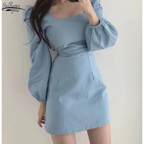 Korean Women High Waist Solid Puff Sleeve Bag Hip Short Dress Chic Square Collar Expose Clavicle Slim Fit Dress Vestidos 12148