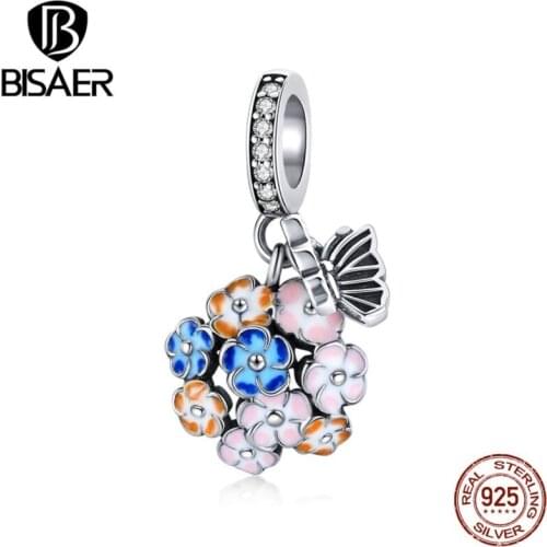 BISAER 2020 Colorful Leaves Garden Charms 925 Sterling Silver Butterflie CZ Beads Pendant For Bracelets Necklace Jewelry ECC1702