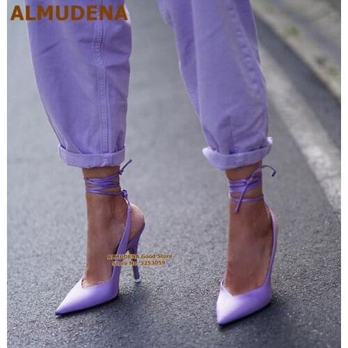ALMUDENA Purple Green Pointed Toe High Heel Shoes V-cut Lace-up Dress Pumps Slingback Party Shoes Shallow Heels Size46 Dropship