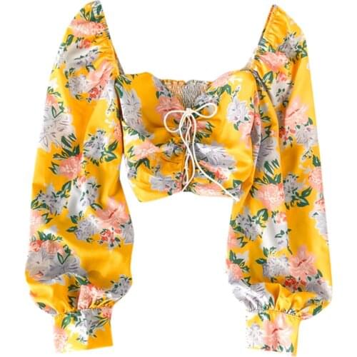 Floral Printing Slash-neck Crop Tunic Top Casual Loose Bandage Blouse Long Sleeve Sexy Spring And Summer Shirts Blusas Elegantes