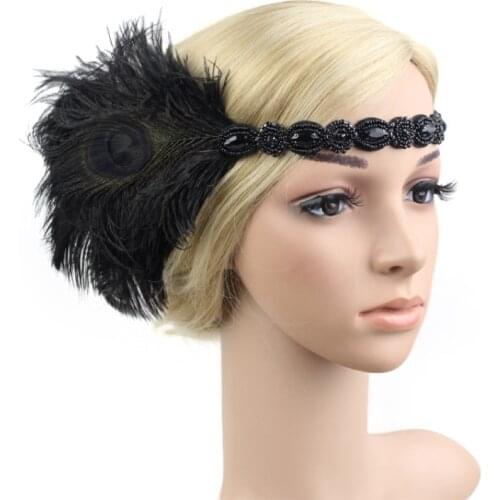 Vintage Adult Hair Accessory Roaring 20s Great Gatsby Party Headpiece 1920s Flapper Girl Peacock Feather Headband